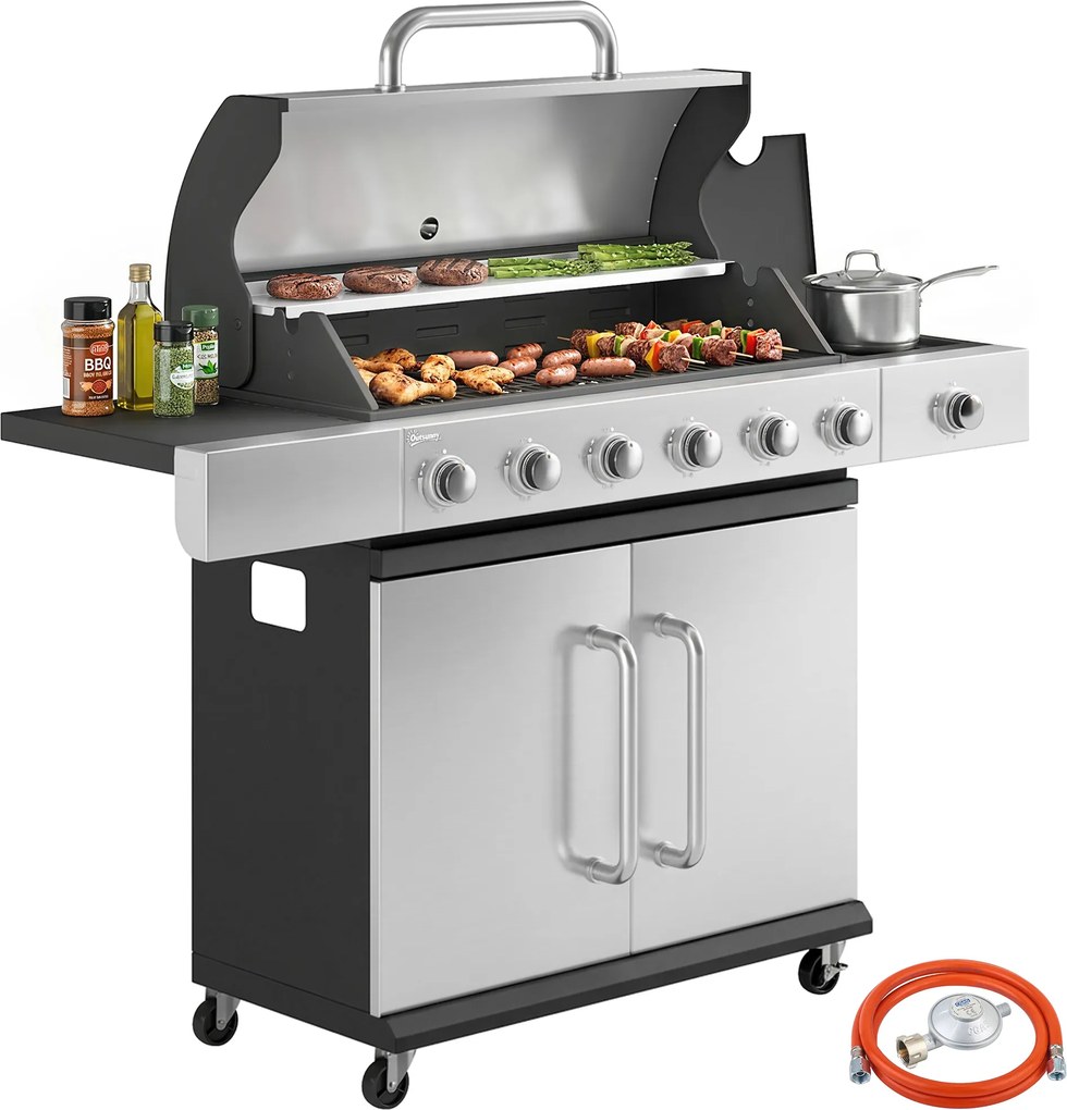 Outsunny Grătar pe gaz 18,6 kW 6+1 arzătoare, cărucior BBQ din oțel inoxidabil cu roți, termometru, raft încălzire, masă laterală, dulap inferior | Aosom Romania