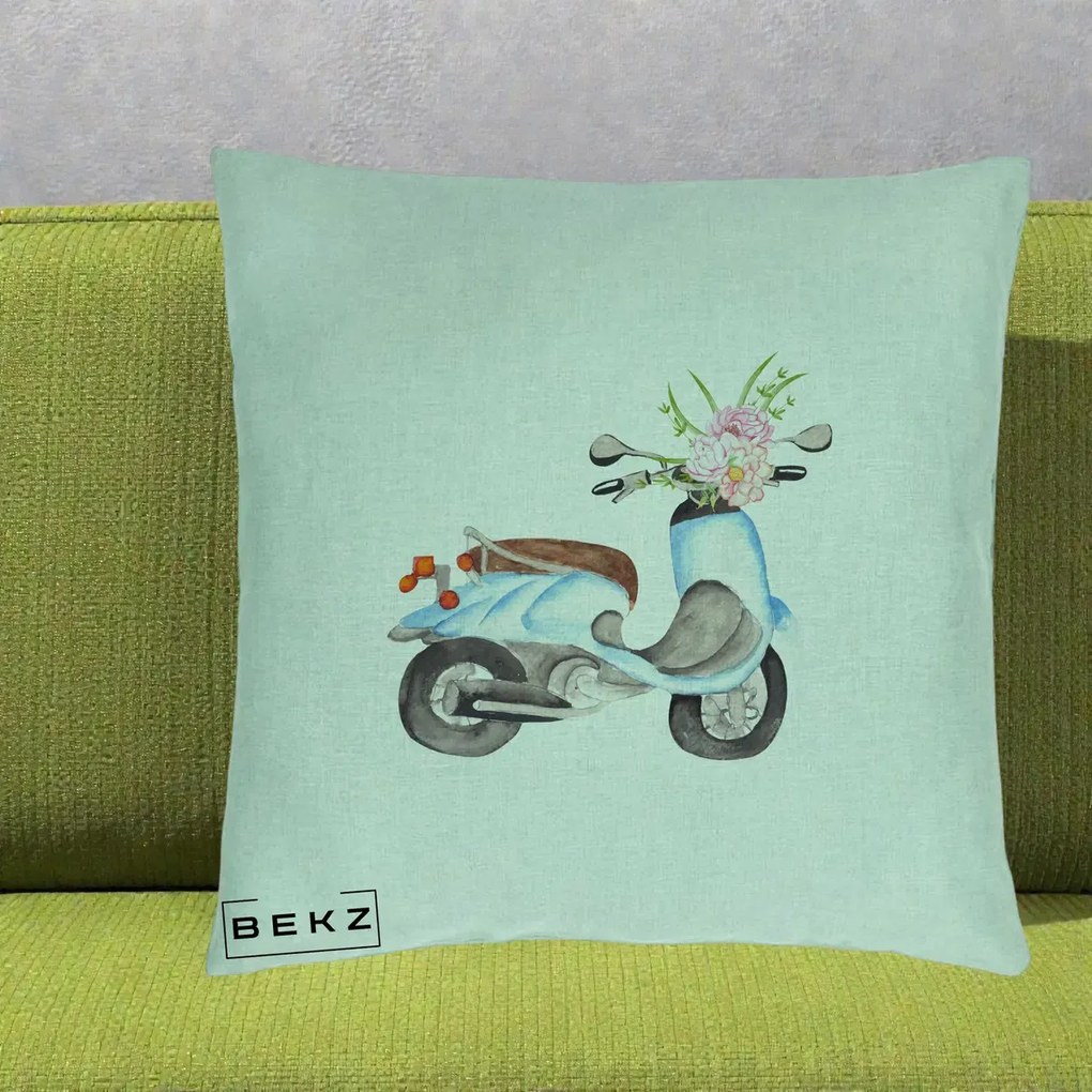 Perna Decorativa Scuter Albastru cu Flori Acuarela, 40x40 cm, Verde Menta, Husa Detasabila, Perna Inclusa, BEKZ®
