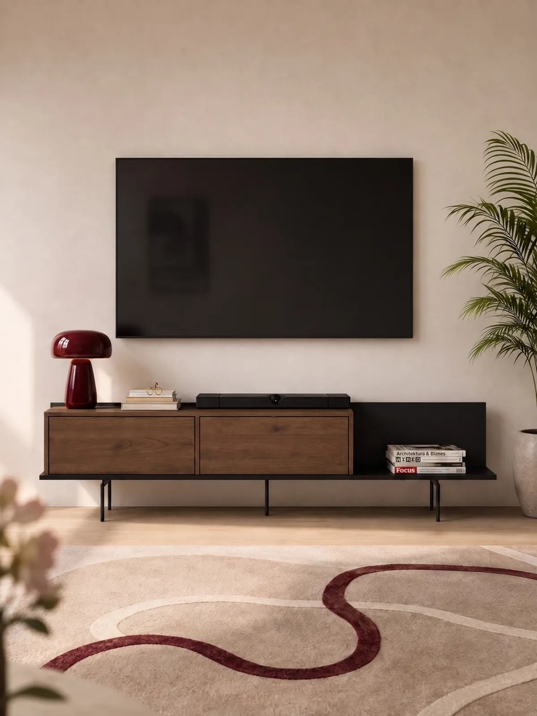 Comodă TV Zenar 200 cm cu picioare metalice - nuc elegant / negru