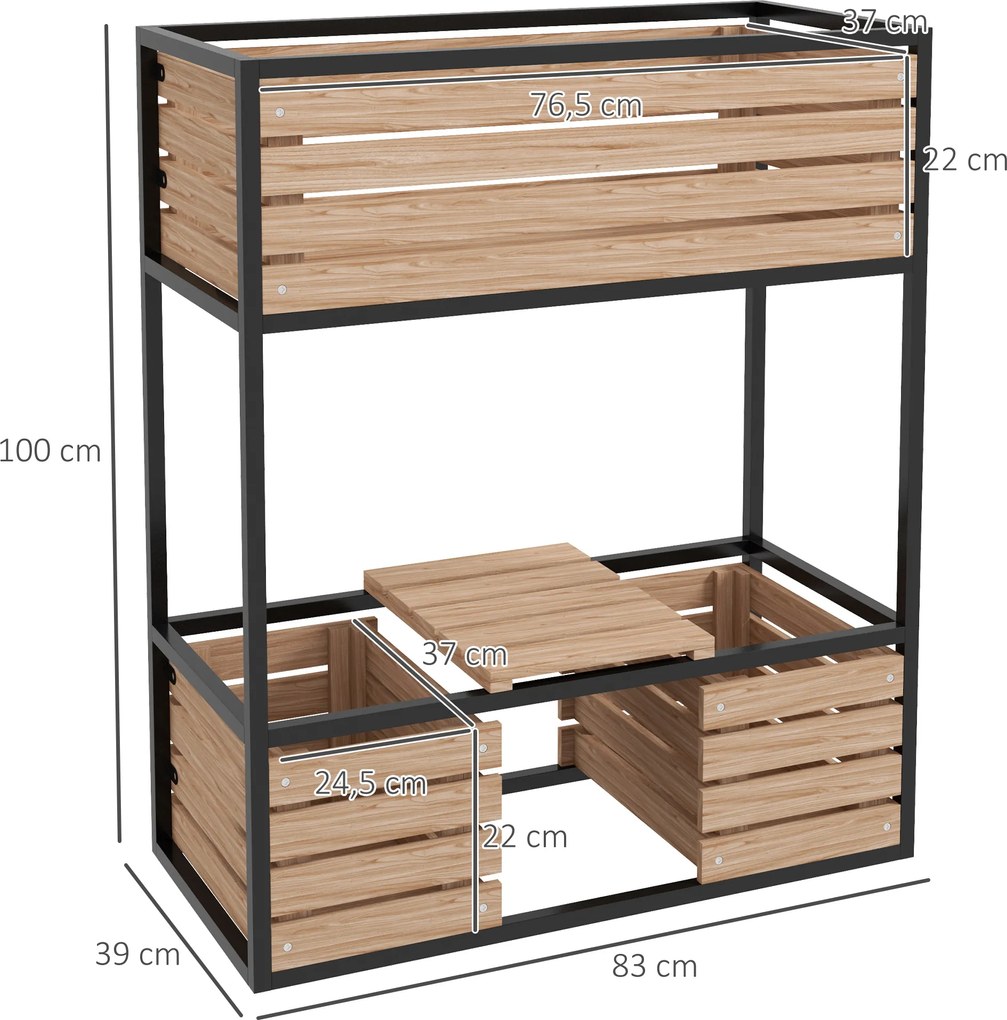 Outsunny Casetă de plantare, scară pentru flori, jardinieră înaltă, rezistentă la intemperii, 3 ghivece, 83 cm x 39 cm x 100 cm, natur + negru | Aosom Romania