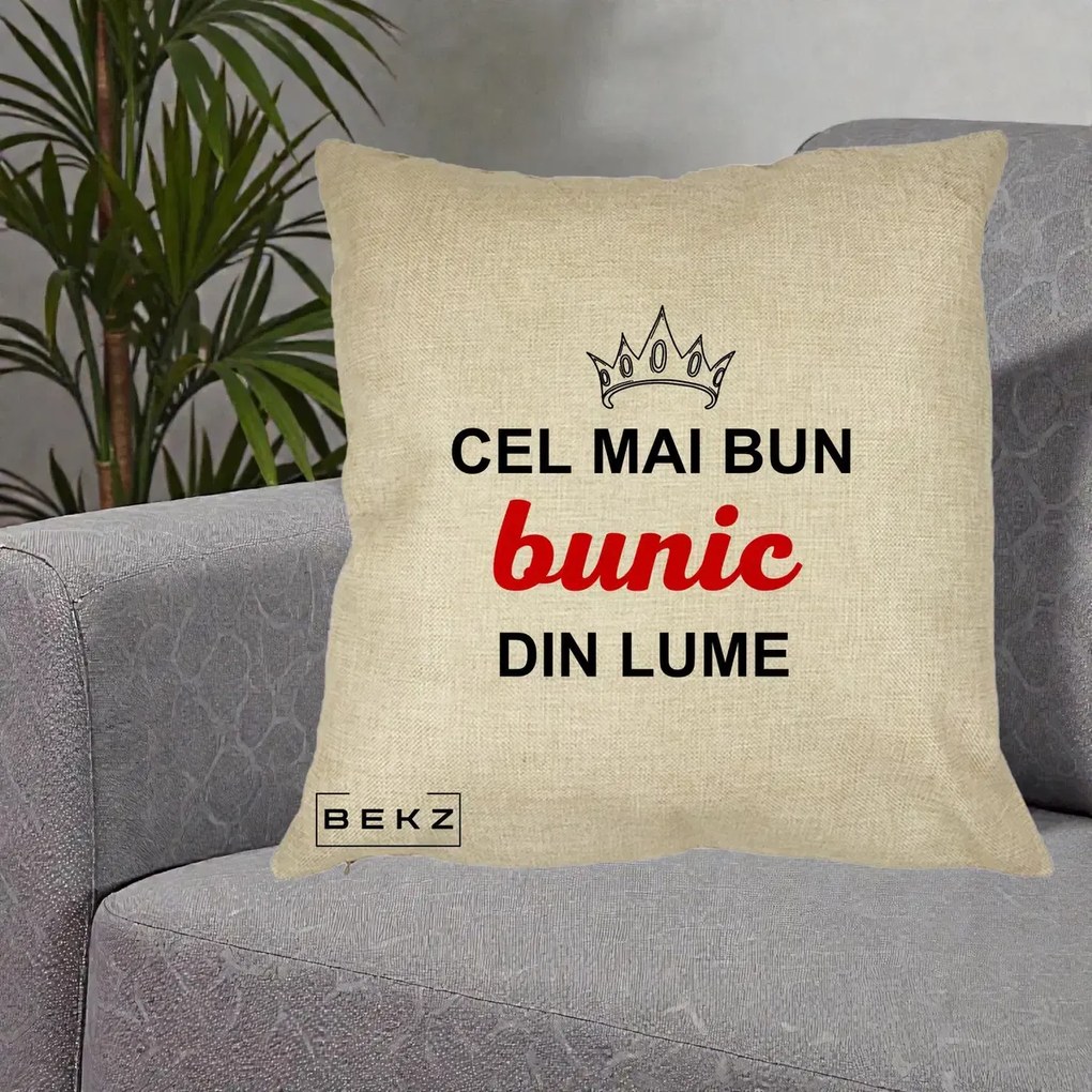 Cadou pentru Bunic - Perna Personalizata Cel Mai Bun Bunic Din Lume Coroana Rosu, 40x40 cm, Crem, Husa Detasabila, Perna Inclusa, BEKZ®
