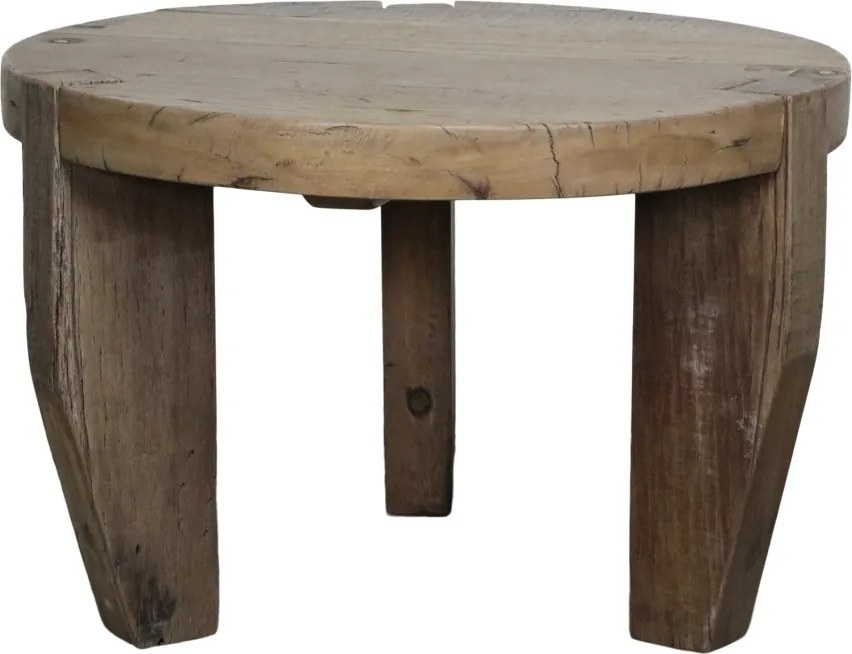 Măsuță de cafea rotundă din lemn reciclat, natur, cu 3 picioare masive și aspect rustic, finisaj mat, 48 x 72 cm, „Grimaud”