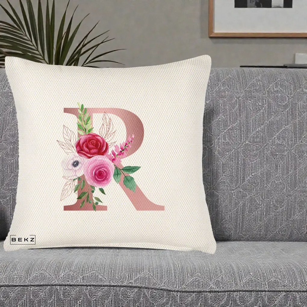 Cadou Personalizat - Perna Personalizata Monograma Rose Gold Litera R, 40x40 cm, Crem Reliefat, Husa Detasabila, Perna Inclusa, BEKZ®
