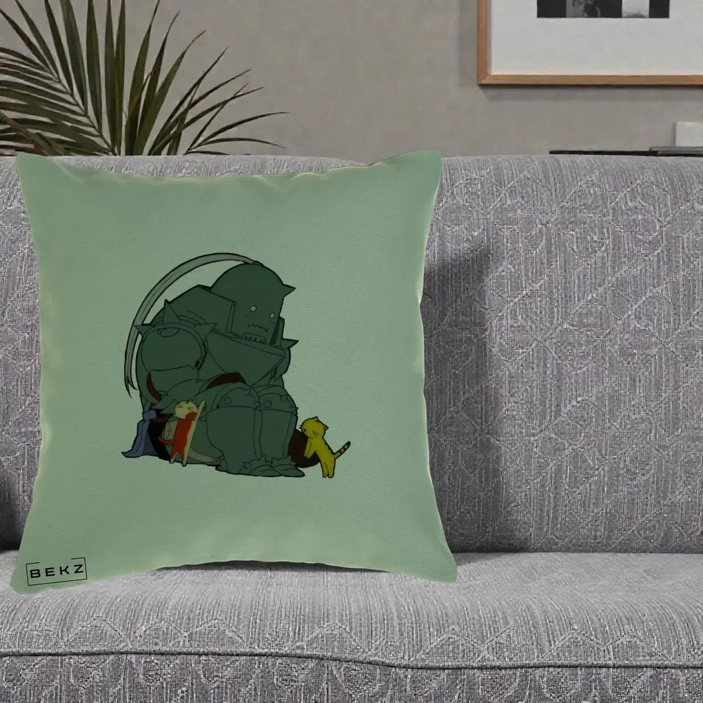 Perna Personalizata Fullmetal Alchemist Alphonse cu Pisici, 40x40 cm, Verde, Husa Detasabila, Perna Inclusa, BEKZ®