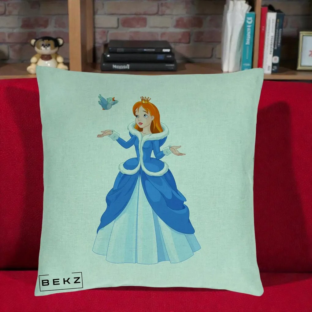 Perna Personalizata Printesa Albastra cu Pasare, 40x40 cm, Verde Menta, Husa Detasabila, Perna Inclusa, BEKZ®