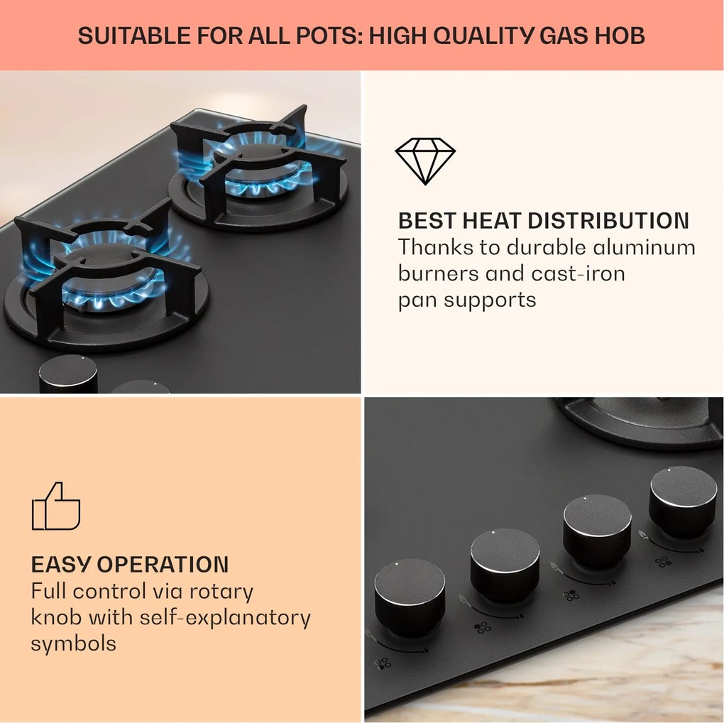 Klarstein Firetale, plită cu gaz, 4 arzătoare, arzătoare din aluminiu, inclusiv furtun și reductor de presiune