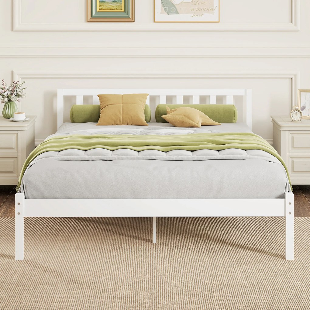 HOMCOM Cadru de pat din lemn masiv 140x190 cm pat simplu cu tăblie și somieră cu lamele solidă pentru copii și adulți | Aosom Romania
