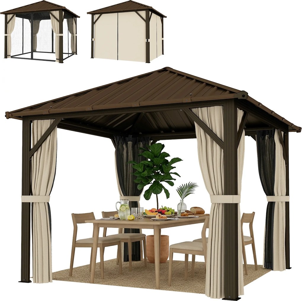 Outsunny Pavilion de grădină aprox. 3 x 3 m pavilion din aluminiu cu acoperiș din oțel Hardtop plasă anti-țânțari 4 părți, UPF50+ | Aosom Romania