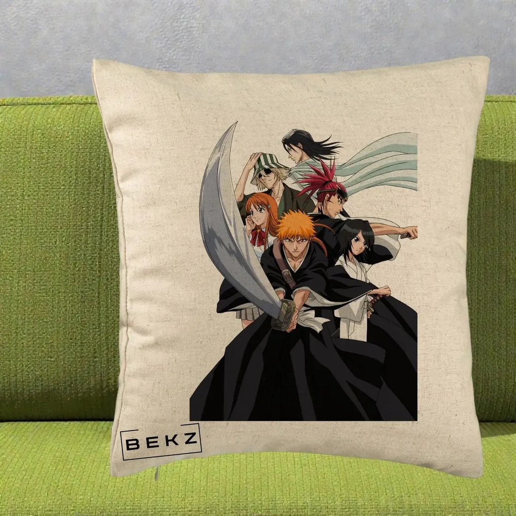 Perna Personalizata Bleach Grup Complet Ichigo si Prietenii, 40x40 cm, Bej, Husa Detasabila, Perna Inclusa, BEKZ®