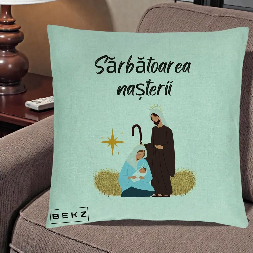 Perna Decorativa Nasterea Domnului Sfanta Familie Sarbatoarea Nasterii, 40x40 cm, Verde Menta, Husa Detasabila, Perna Inclusa, BEKZ®