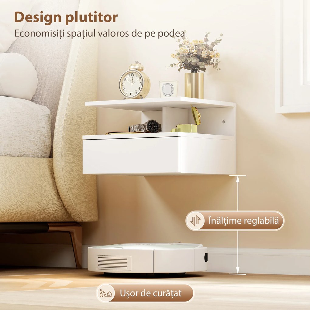 HOMCOM Set de 2 Noptiere Suspendate cu Sertar și Raft Deschis, 35x32x22.5 cm, Alb | Aosom Romania