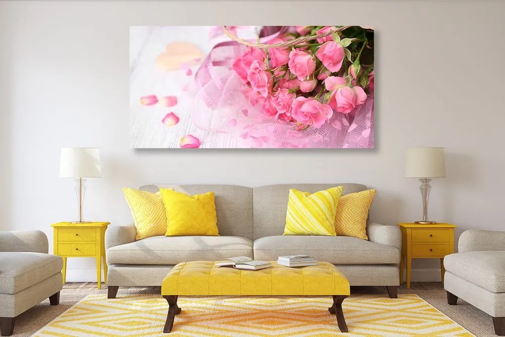 Tablou buchet romantic de trandafiri roz