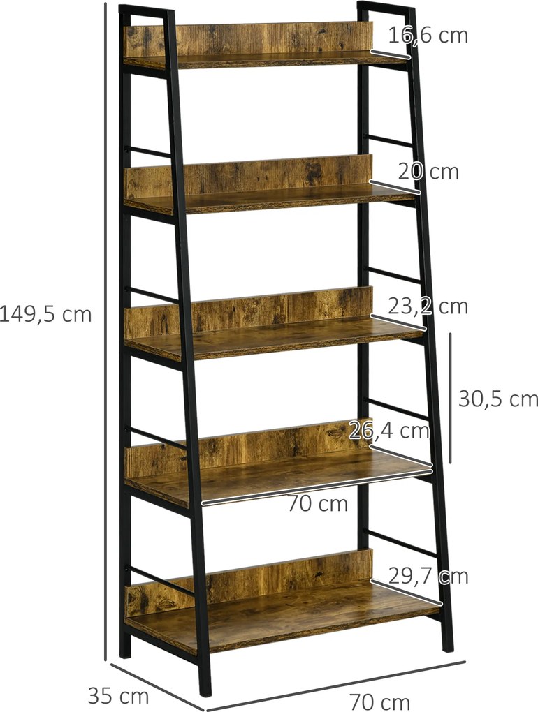 HOMCOM Etajeră bibliotecă Stil Industrial înclinat 5 Nivele 70L x 35l x 150H cm | Aosom Romania