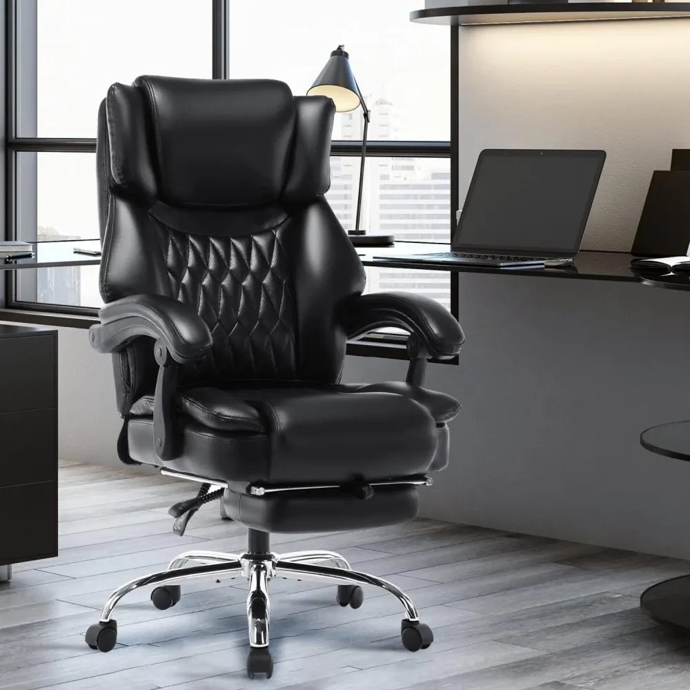 Scaun directorial, spatar inalt, suport pentru picioare, perna lombara detasabila, spatar rabatabil, captuseala groasa respirabila, sustinere extra, piele PU Premium, Negru