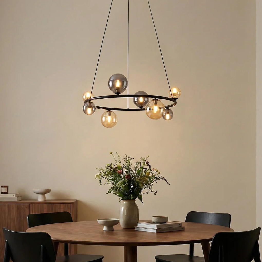 Lampă suspendată neagră cu sticlă fumurie și chihlimbar rotundă cu 8 lumini - Monaco