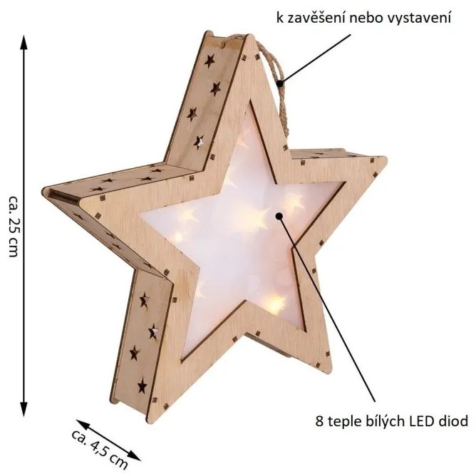 Stea de Crăciun din lemn cu efect 3D, 8 LED-uri