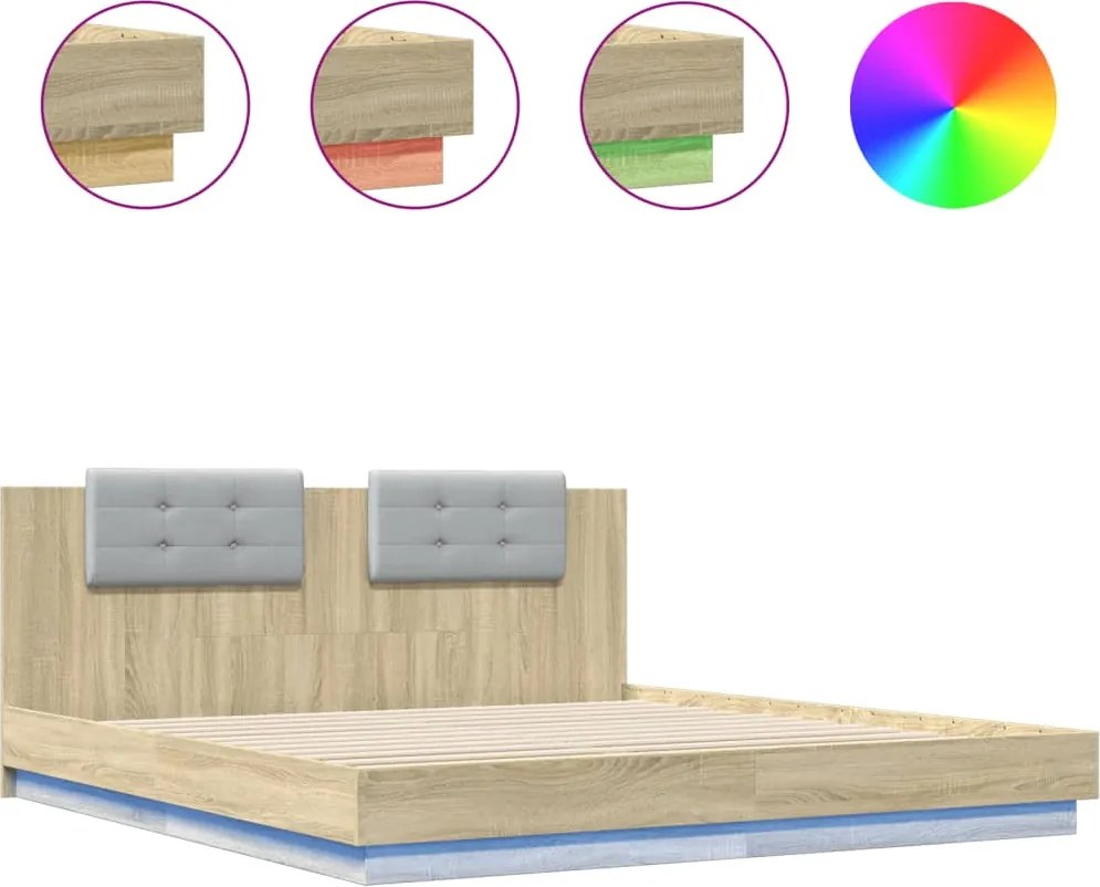 vidaXL Cadru de pat cu tăblie și lumini LED, stejar sonoma, 180x200 cm