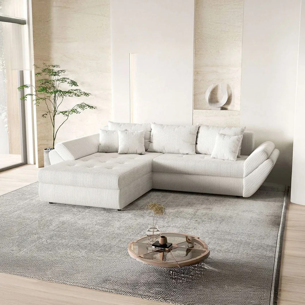 Colțar extensibil dumonde cu ladă de depozitare si sezut confortabil din spuma high-density, Loana Zoom Crem 270x185 cm