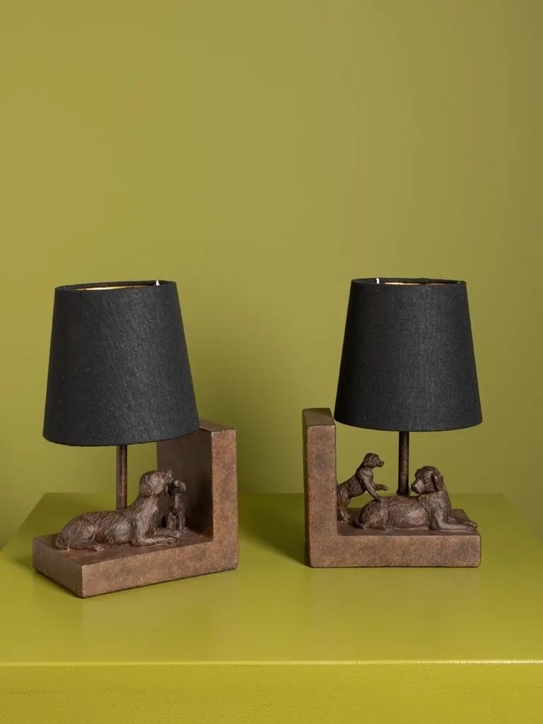 Set 2 lămpi de masă din bumbac negru, cu structură din rășină maro în formă de câine, finisaj patinat, 28×31×13 cm, „Compagnon"