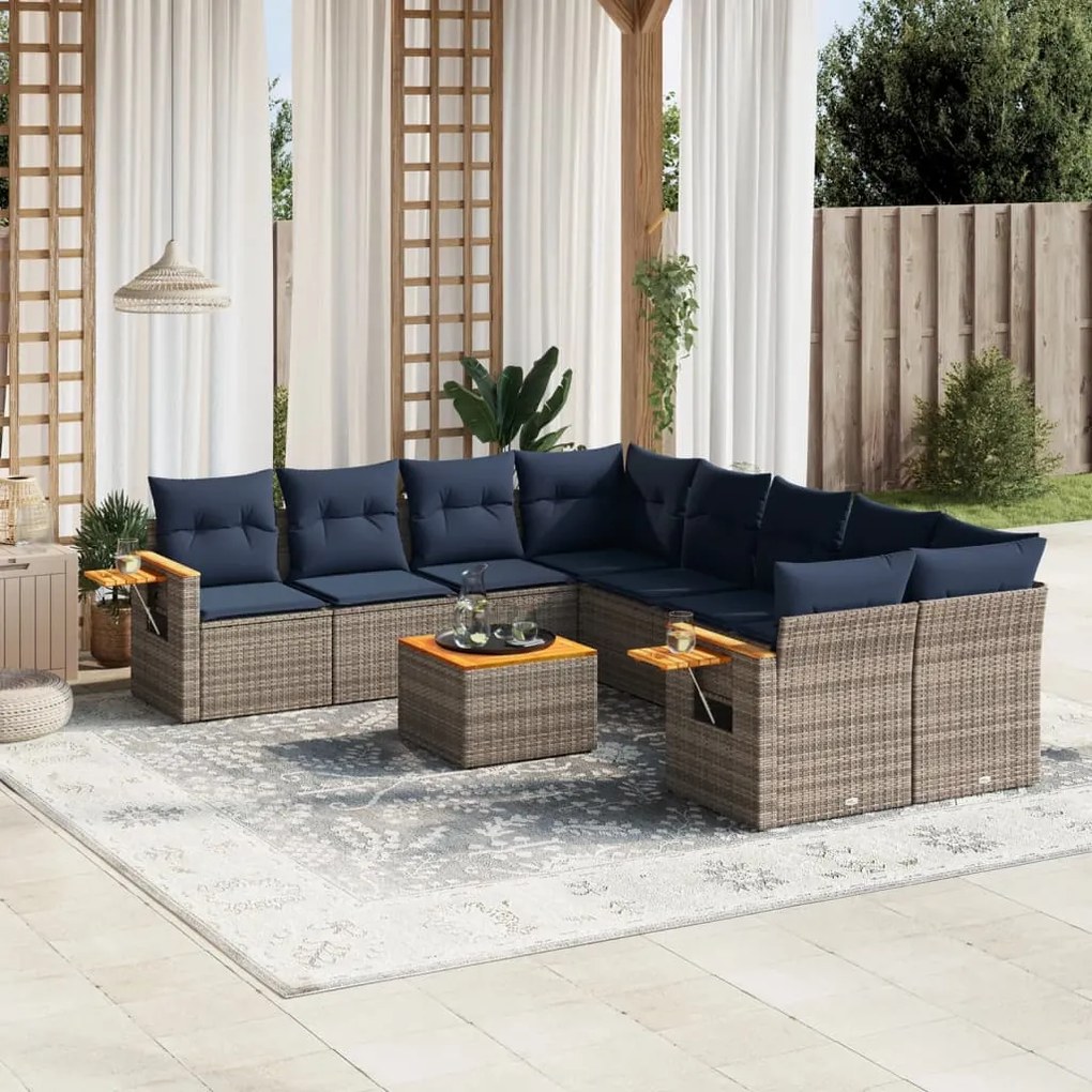 vidaXL Set canapele de grădină, 9 piese, cu perne, gri, poliratan