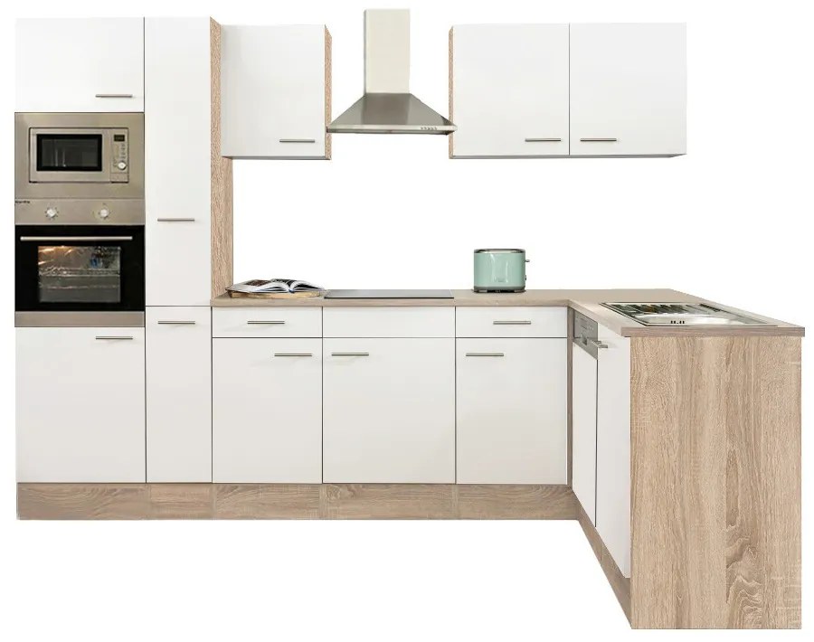 Mobilă de bucătărie de colț Yorki 310, corp din stejar Sonoma, cu față alb satinat