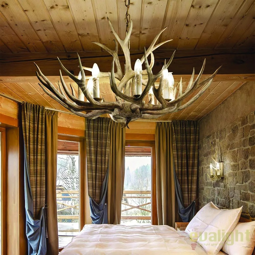 Candelabru rustic cu brate in forma de coarne de cerb, fabricat manual, CHALET SP8 115504
