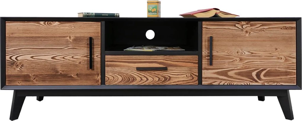 Comodă TV lemn masiv Timeless 1 Sertar 2 Uși 1 Nișă Negru, 146 × 40 × 48 cm
