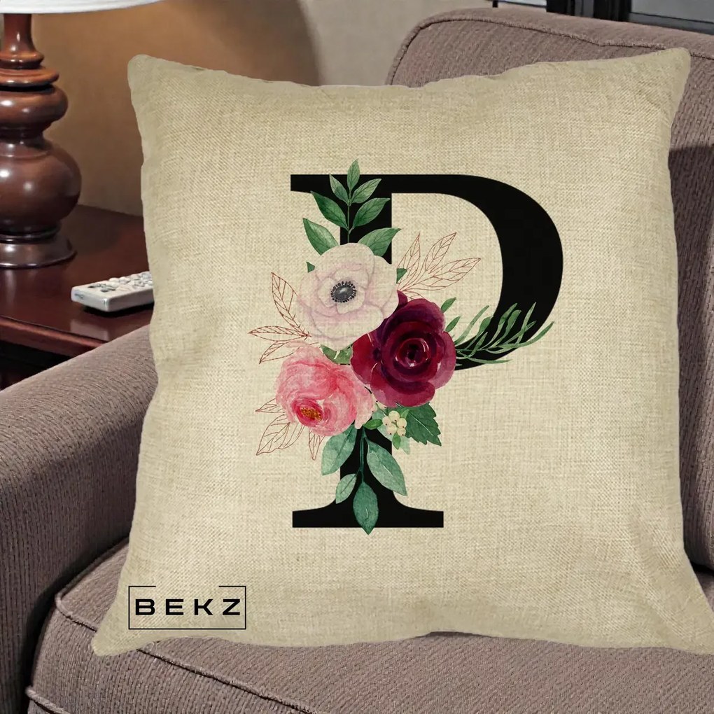 Cadou Personalizat - Perna Personalizata Monograma Florala Litera P, 40x40 cm, Crem, Husa Detasabila, Perna Inclusa, BEKZ®