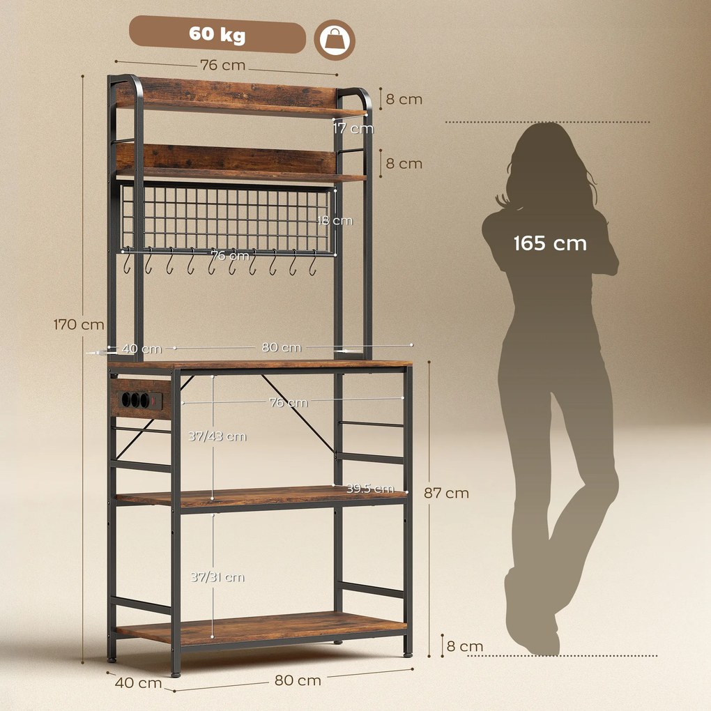 HOMCOM Raft de Bucătărie cu Prize și Rafturi Reglabile, Raft pentru Cuptor cu Microunde cu 5 Niveluri, Panou cu Grilaj și 10 Cârlige, Mobilier Vintage Structură din Oțel, 80x40x170 cm, Maro Rustic | Aosom Romania