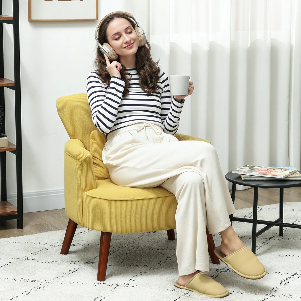 HOMCOM Fotoliu modern cu brațe, scaun accent tapițat cu pernă lombară, picioare din lemn de cauciuc, galben | Aosom Romania