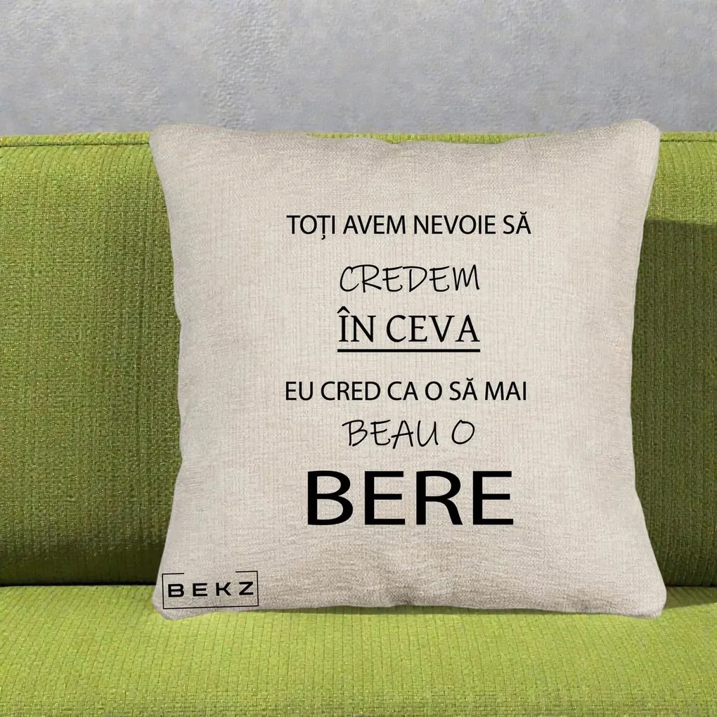 Perna Decorativa Eu Cred ca mai Beau o Bere, 40x40 cm, Bej Canapea, Husa Detasabila, Perna Inclusa, BEKZ®