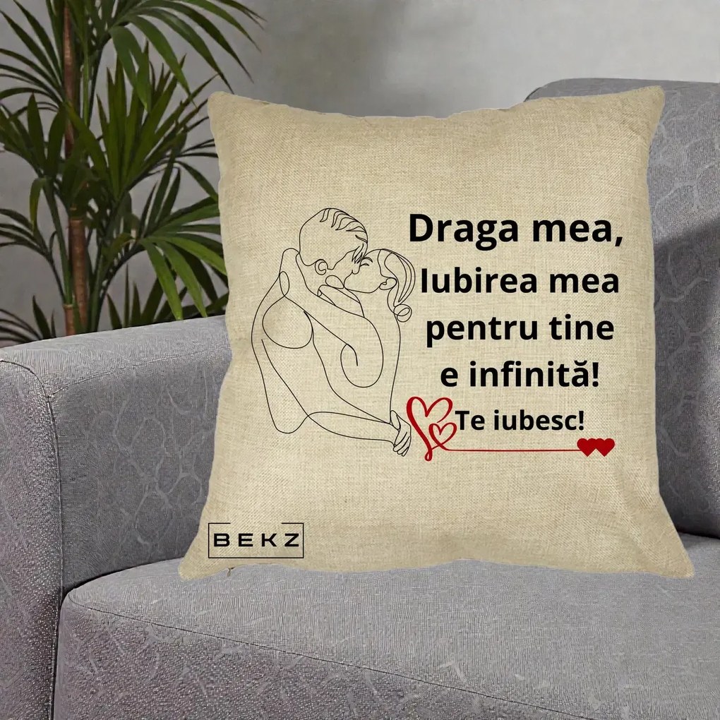 Cadou pentru Iubita - Perna Personalizata Draga Mea Iubirea Mea pentru Tine e Infinita Te Iubesc, 40x40 cm, Crem, Husa Detasabila, Perna Inclusa, BEKZ®