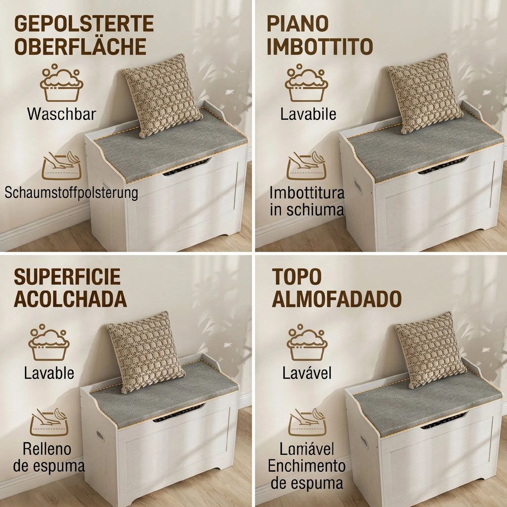 HOMCOM Bancă de Depozitare cu Pernă din Material Textil, Bancă Multifuncțională cu Balama de Siguranță, 75x40x56 cm, Alb | Aosom Romania