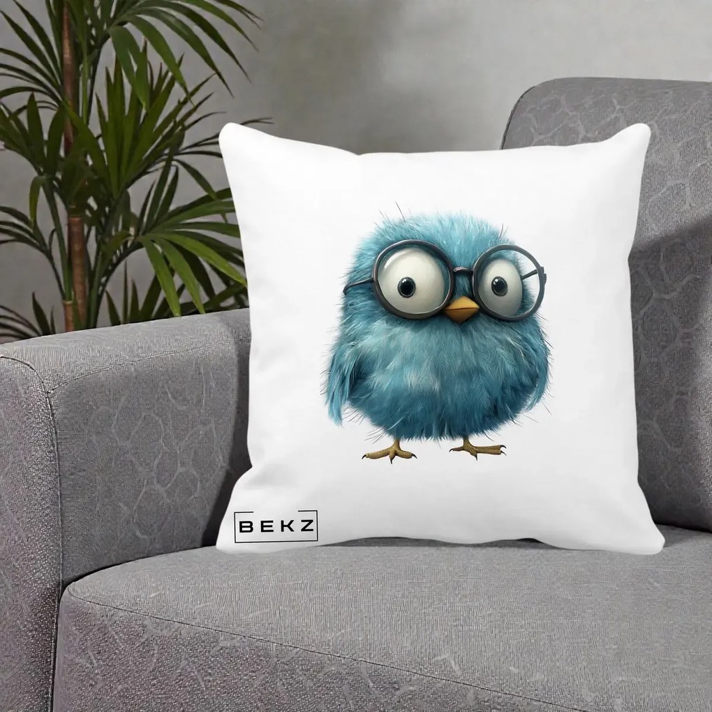 Perna Decorativa Pui Pufos Teal cu Ochelari, 40x40 cm, Alba Mata, Husa Detasabila, Perna Inclusa, BEKZ®