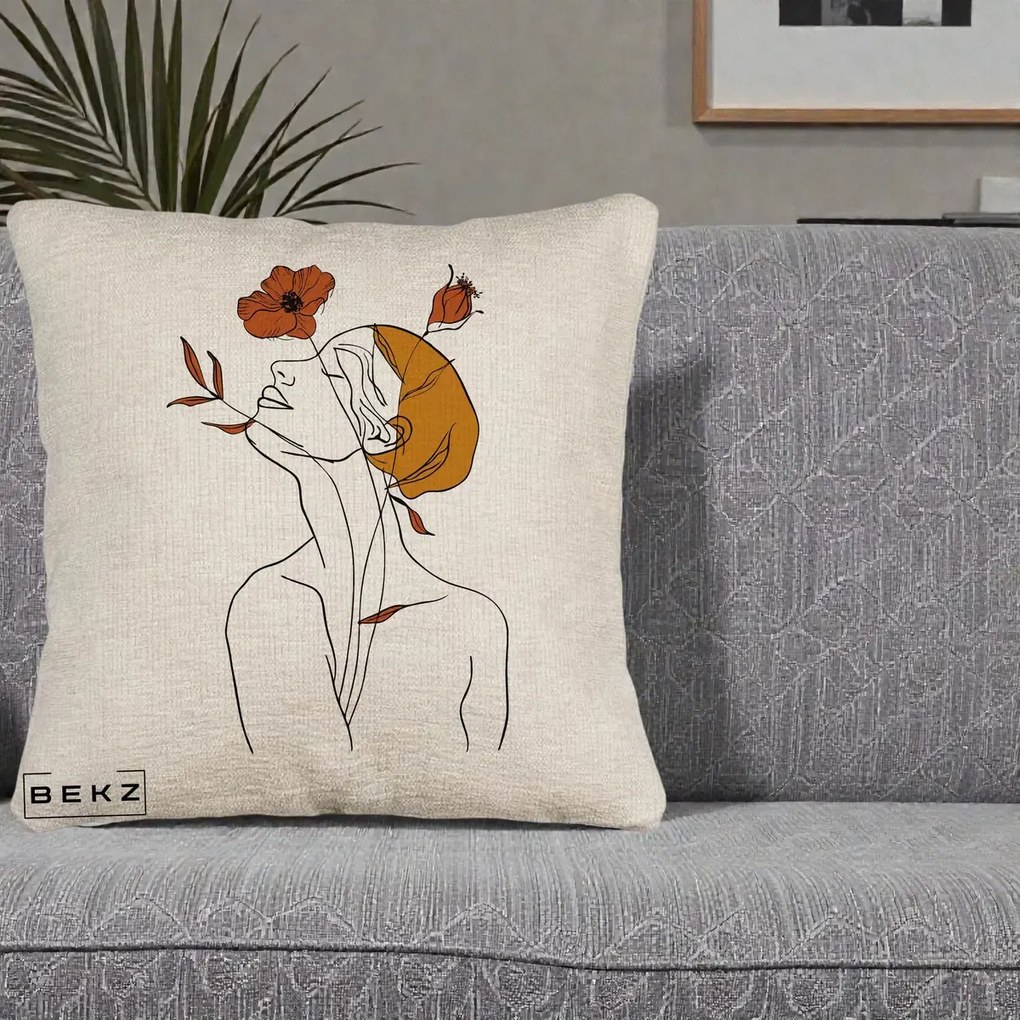 Perna Decorativa Portret Feminin Mac Privire Inalta, 40x40 cm, Bej Canapea, Husa Detasabila, Perna Inclusa, BEKZ®