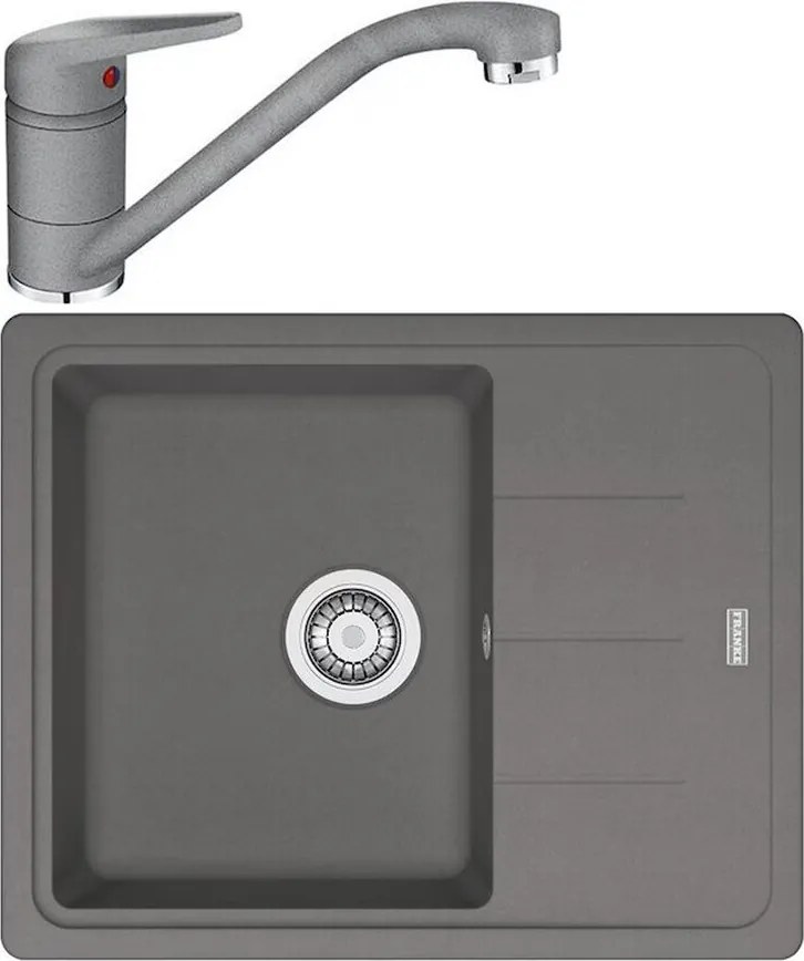 Set chiuveta bucatarie compozit Franke Basis 1 cuva cu picurator 62x50 cm reversibila finisaj Stone Grey mat cu baterie