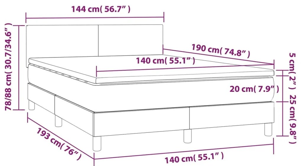 Pat cu arcuri, saltea si LED, gri inchis, 140x190 cm, textil Morke gra, 140 x 190 cm, Design simplu