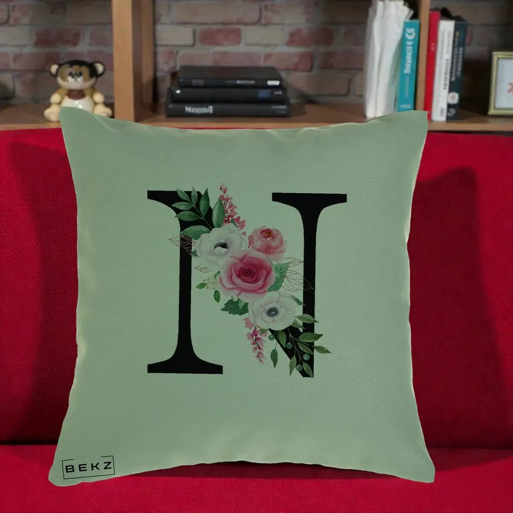 Cadou Personalizat - Perna Personalizata Monograma Florala Litera N, 40x40 cm, Verde, Husa Detasabila, Perna Inclusa, BEKZ®