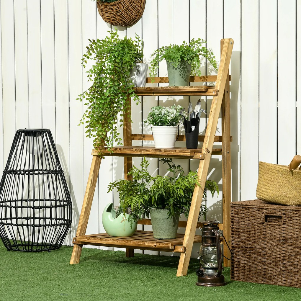 Outsunny Etajeră pentru plante în lemn formă piramidală, eșafodaj pliabil cu 3 rafturi 60 x 37 x 93 cm maro | Aosom Romania