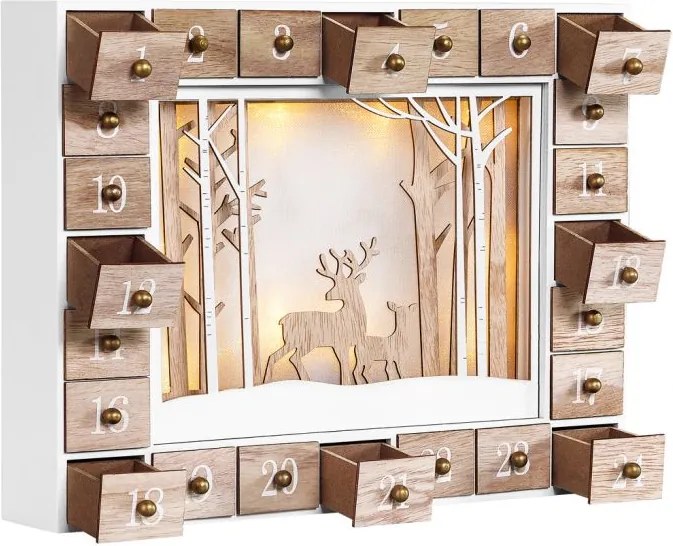 Calendar advent din lemn PĂDUREA DE IARNĂ cu iluminare, 35x6x27cm, alb/maro Spielwerk