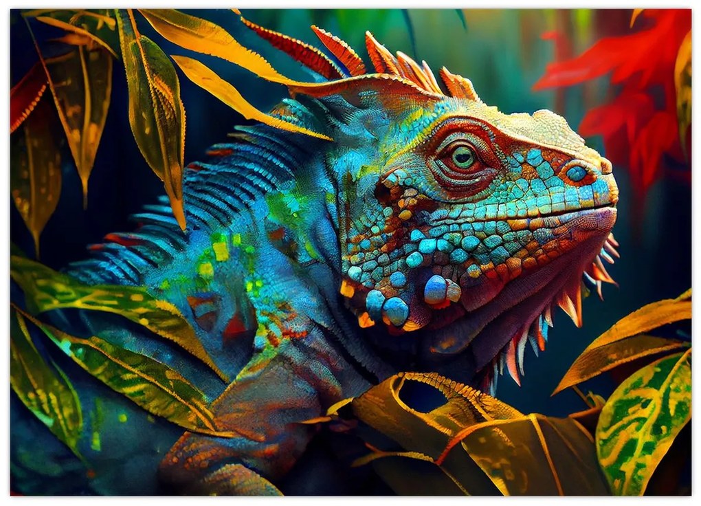 Tablou pe sticlă - Iguana colorată (70x50 cm)