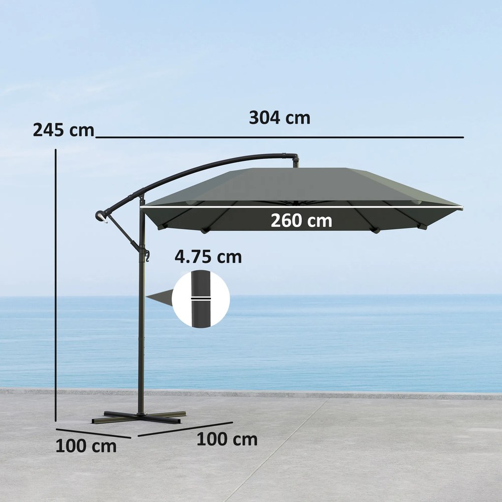Outsunny Umbrelă laterală 3 m, umbrelă de grădină exterioară înclinabilă, bază, manivelă, țesătură poliester 180 g/m², Gri închis | Aosom Romania