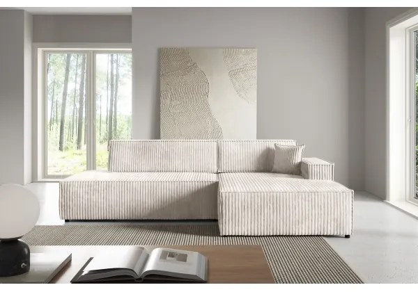 Colțar extensibil TERAMO, în formă de L, cu spațiu de depozitare, pe partea dreaptă, bej