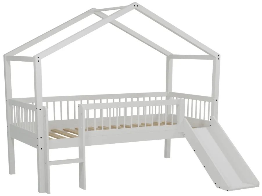Pat Casă Înălțat Forrest Beech 90x200 cm, pentru Camera Copii, din Lemn de Fag, Alb lăcuit, cu Tobogan, Sertare și Set Textil – Vipack