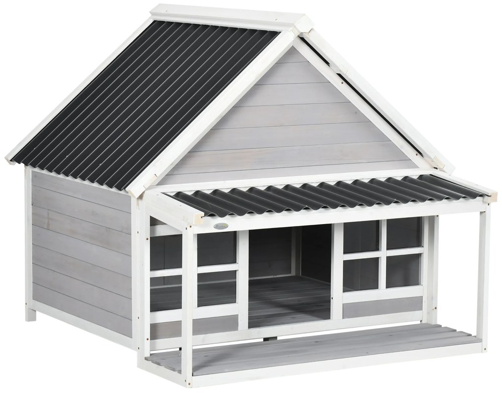 Casa pentru caini PawHut din lemn cu veranda, rezistenta la intemperii, acoperis din PVC | Aosom Romania