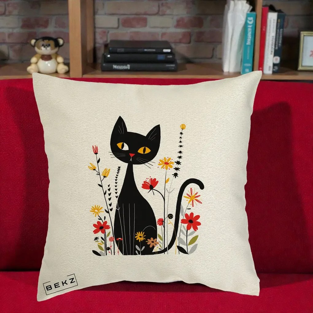 Perna Decorativa Pisica Neagra Ochi Galbeni Flori, 40x40 cm, Ecru, Husa Detasabila, Perna Inclusa, BEKZ®
