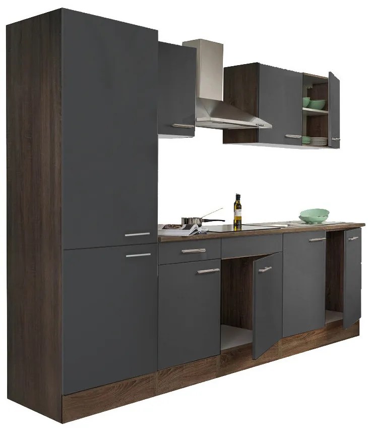 Mobilă de bucătărie Yorki 270, corp stejar Yorki, față antracit satinat, cu dulap cu raft