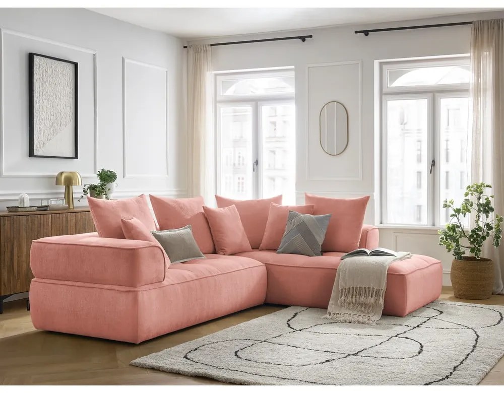 Colțar roz cu tapițerie din chenille (cu colț pe partea dreaptă/în formă de ”L”) Whesley – Bobochic Paris