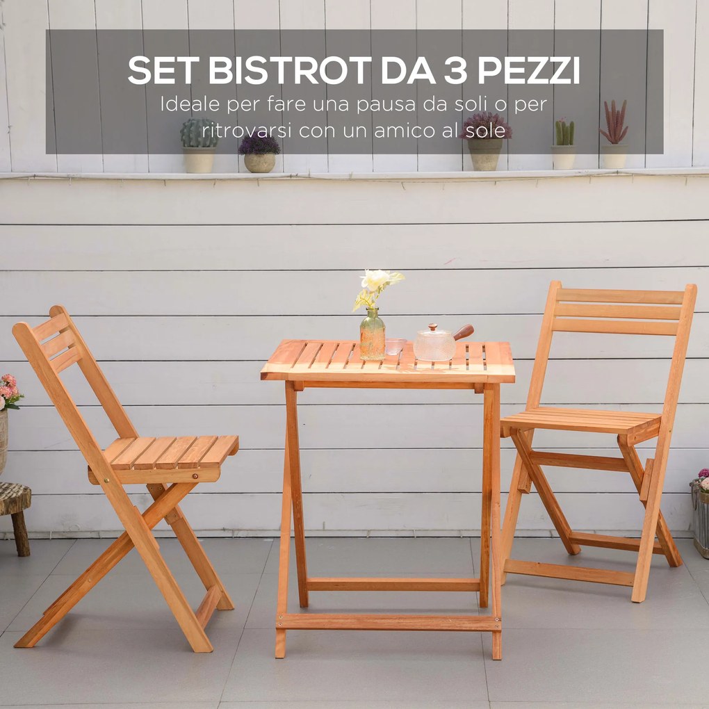 Outsunny Set Mobilier de Grădina din Lemn de Teak, 3 Piese, Masa și Scaune Pliabile, Rezistent la Intemperii, Design Natural | Aosom Romania