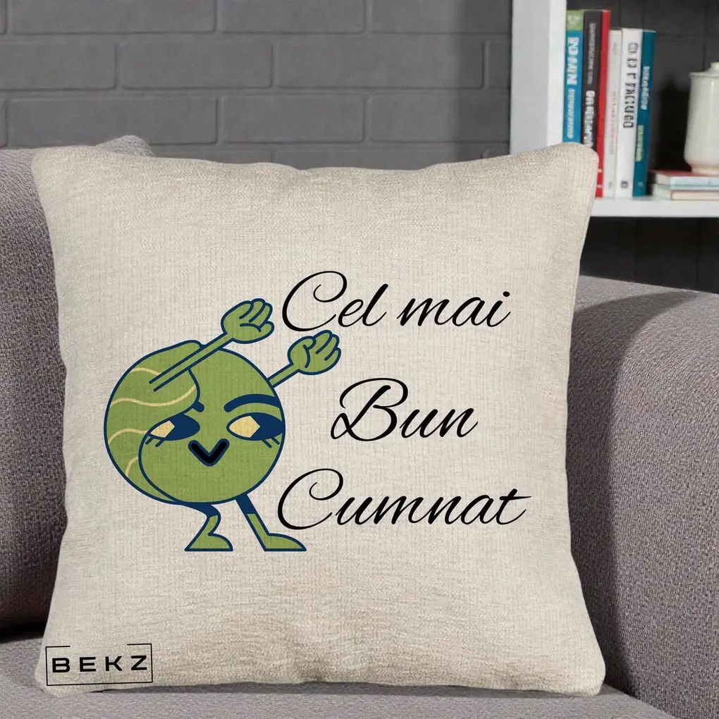 Cadou pentru Cumnat - Perna Personalizata Cel mai Bun Cumnat cu Personaj Funny Verde, 40x40 cm, Bej Canapea, Husa Detasabila, Perna Inclusa, BEKZ®